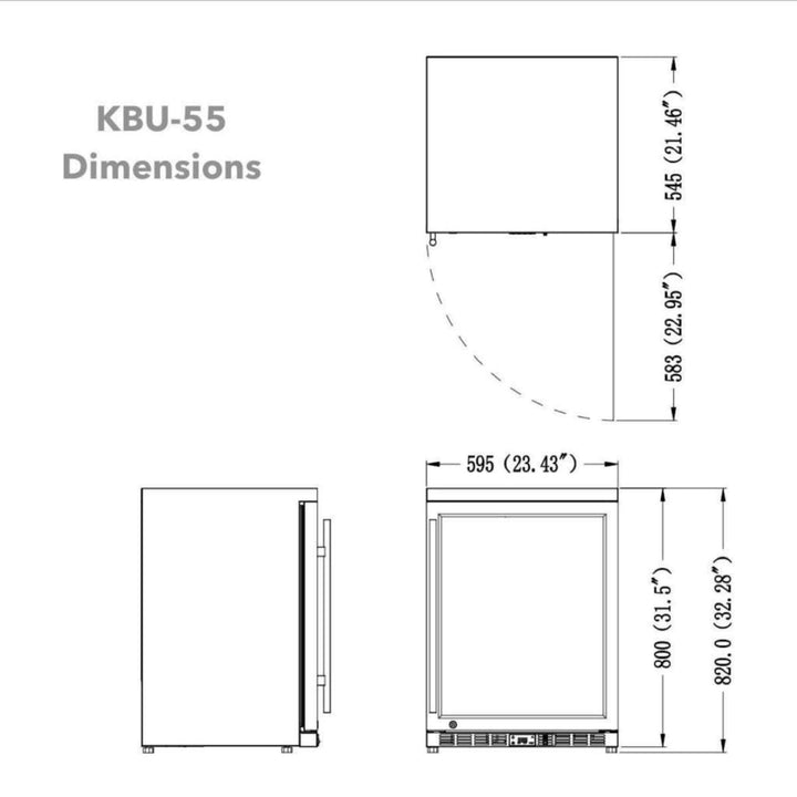 Technical drawing of a refrigerator with dimensions labeled