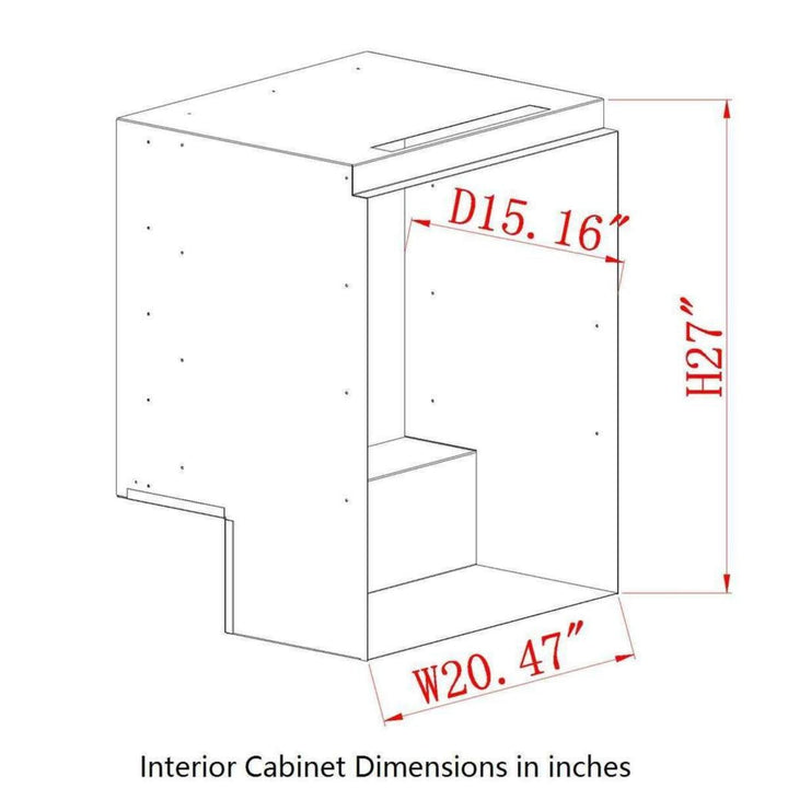 Diagram of an interior cabinet with dimensions labeled in inches