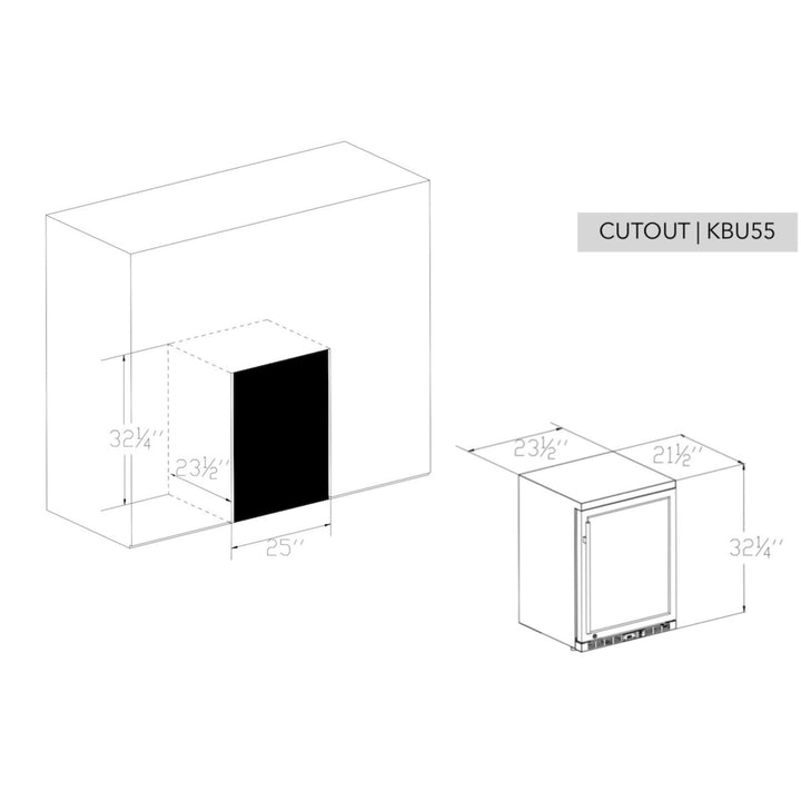 Technical drawing of a kitchen cabinet cutout with dimensions labeled.