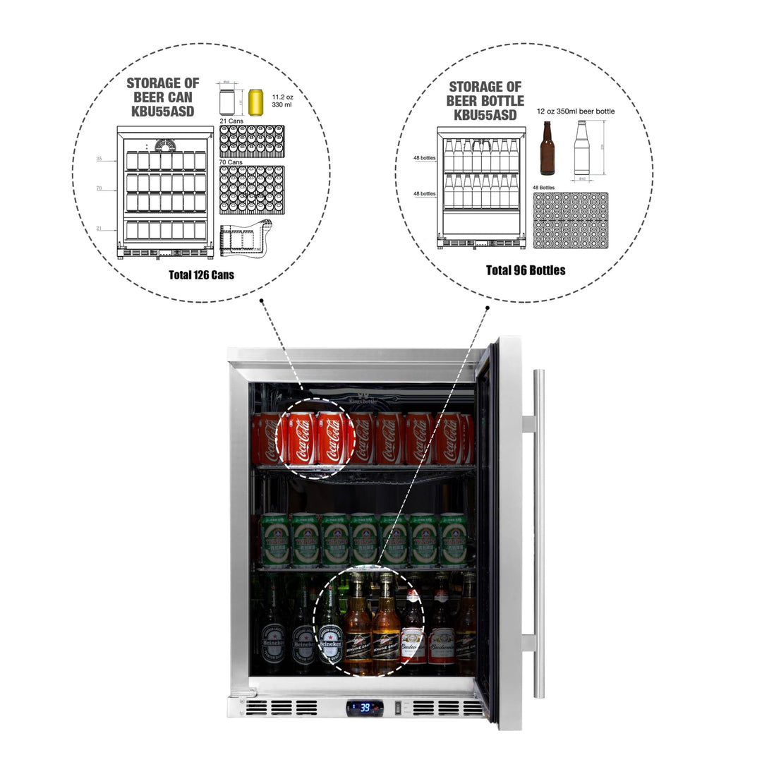 Beverage cooler with Coca-Cola cans and bottles, surrounded by diagrams of storage capacity.