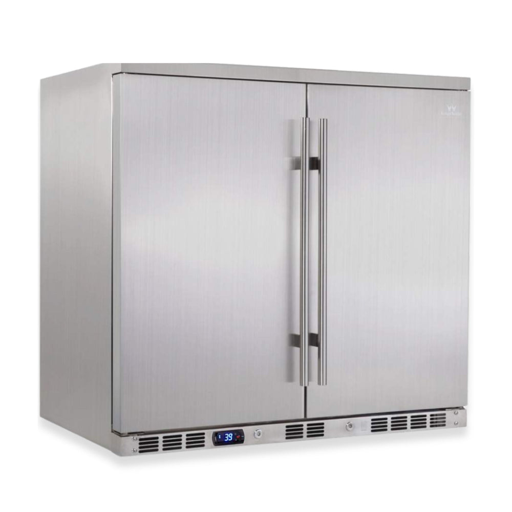 Stainless steel outdoor refrigerator with double doors on a white background