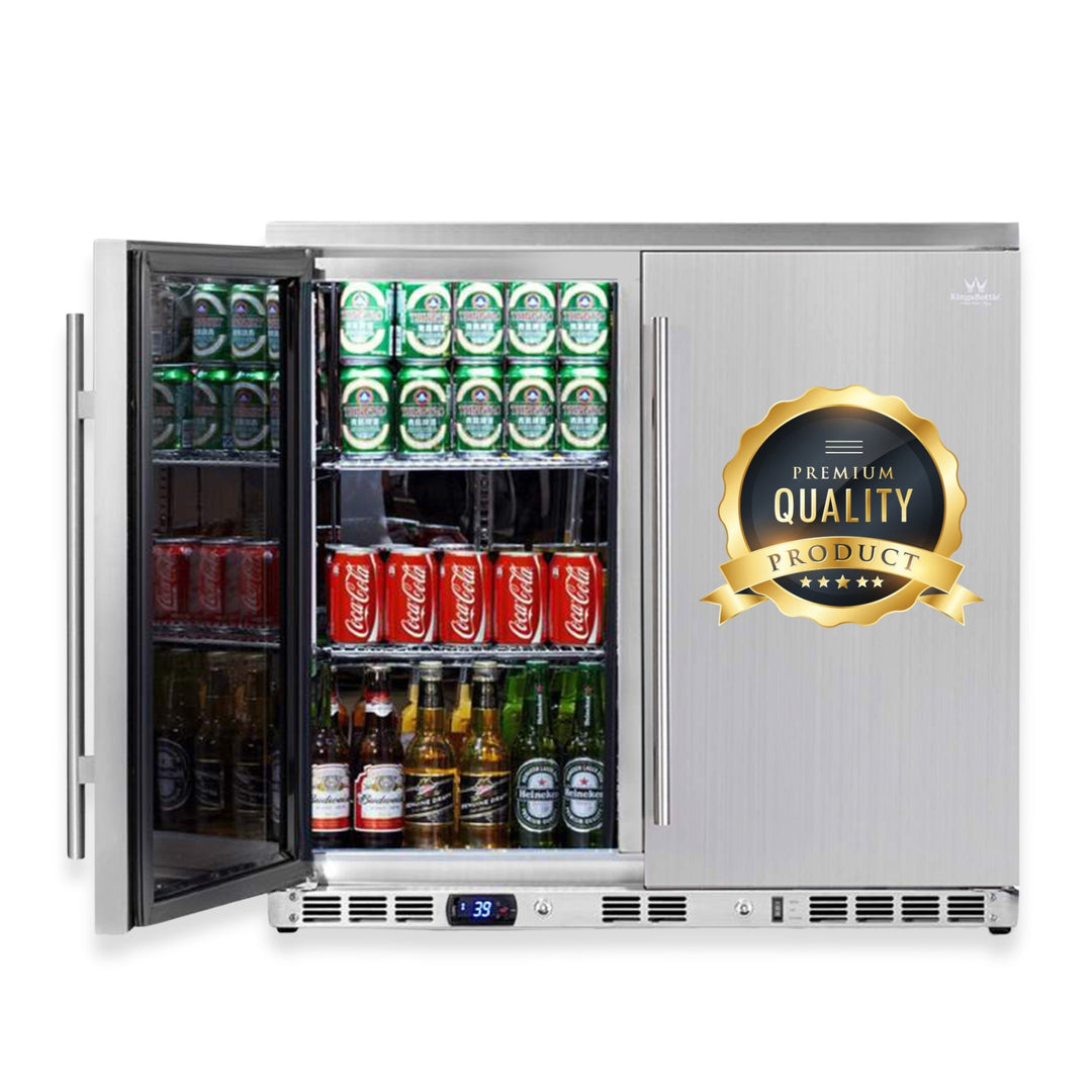 Stainless steel beverage cooler with open door displaying various drinks, featuring a &