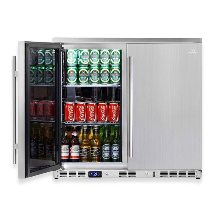 Outdoor refrigerator with drinks inside on a white background
