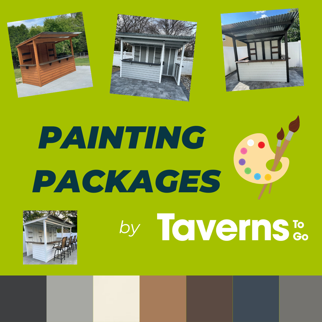 Promotional graphic for painting packages by Taverns To Go with images of outdoor structures and color swatches.