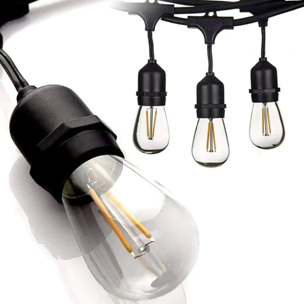 String of clear light bulbs with black sockets on a white background