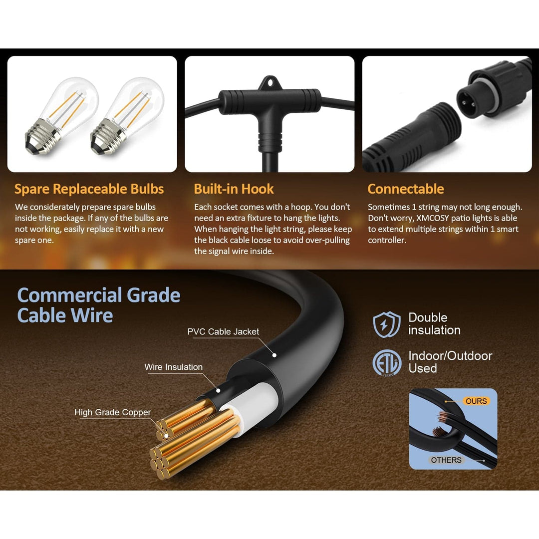 Product features of outdoor lighting system with bulbs, cable wire, and connectors.