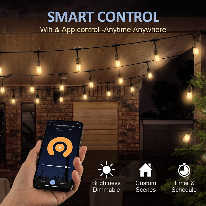 String lights with smartphone control app on a patio setting