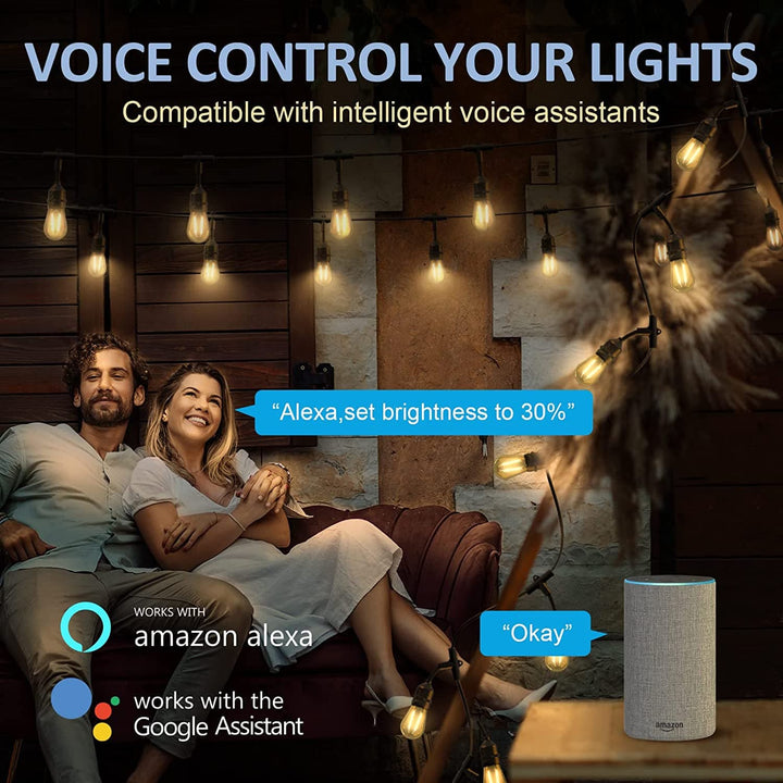 Couple sitting on a couch with string lights and a smart speaker, promoting voice control lighting.