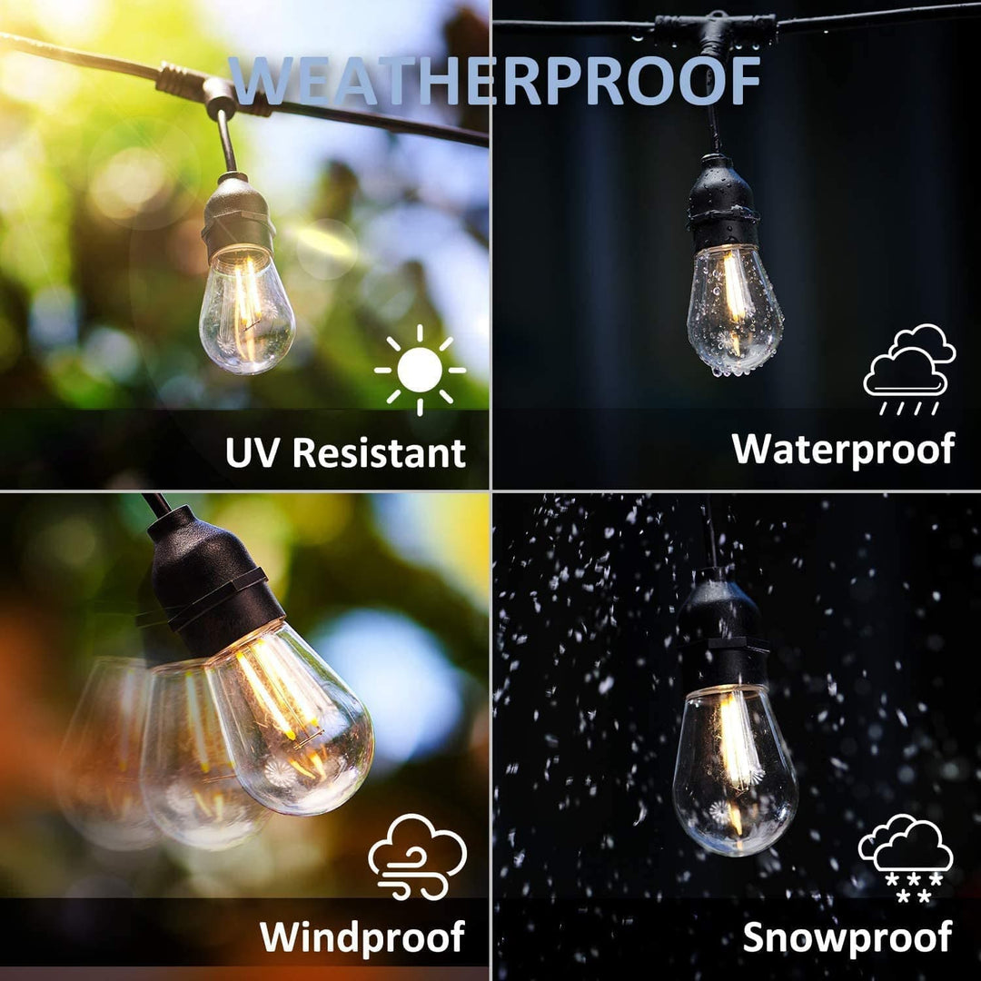 Collage of outdoor light bulbs with weatherproof features labeled.