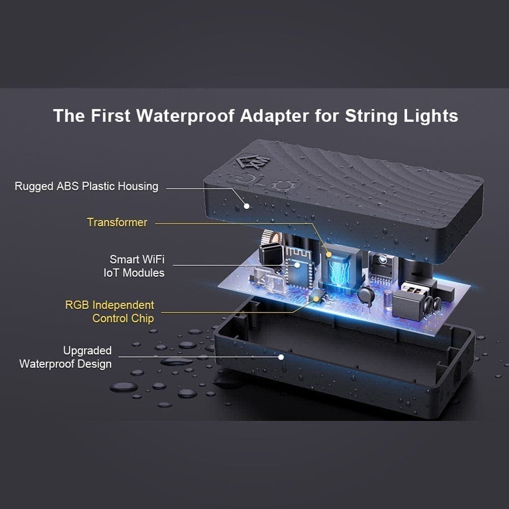Waterproof adapter for string lights with labeled components on a dark background
