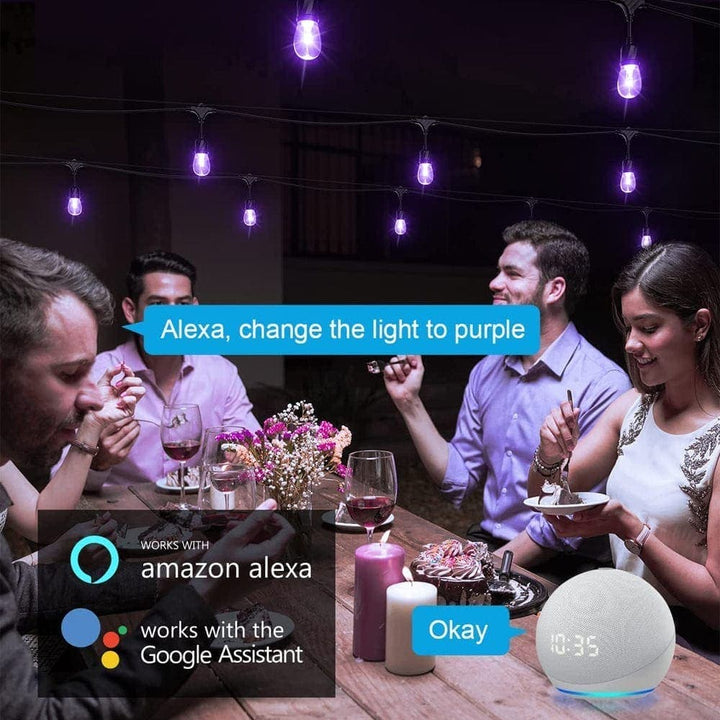 People sitting around a table with a smart light bulb and Alexa interface.