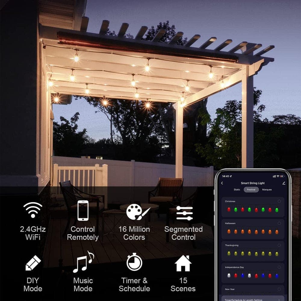 Outdoor pergola with string lights and a smartphone app for control