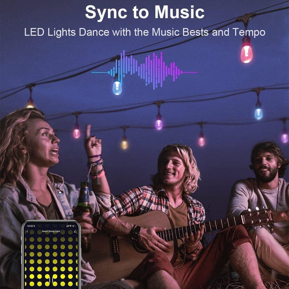 People enjoying music with LED lights syncing to the beat, set against a night sky.