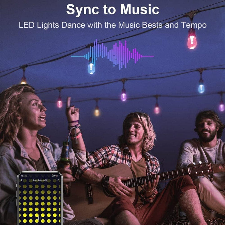 People enjoying music with LED lights syncing to the beat, set against a night sky.