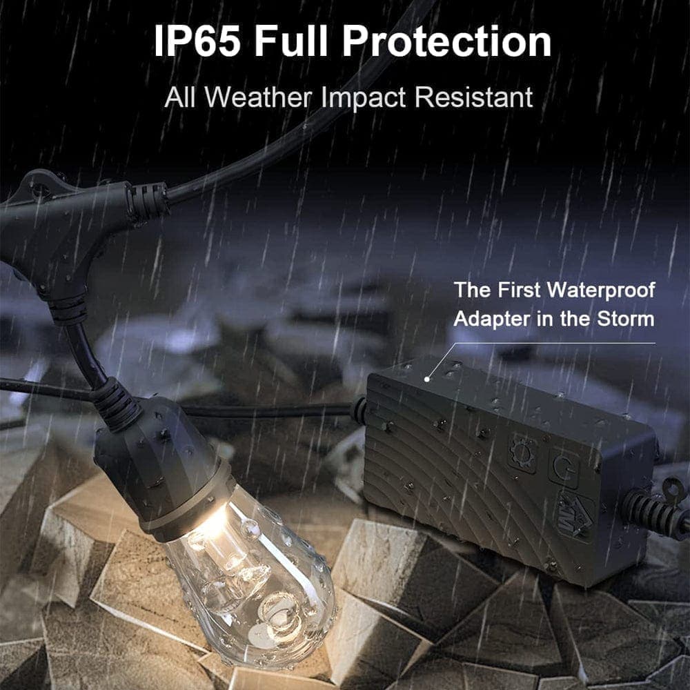 Waterproof adapter with light bulb in rain, emphasizing IP65 protection.