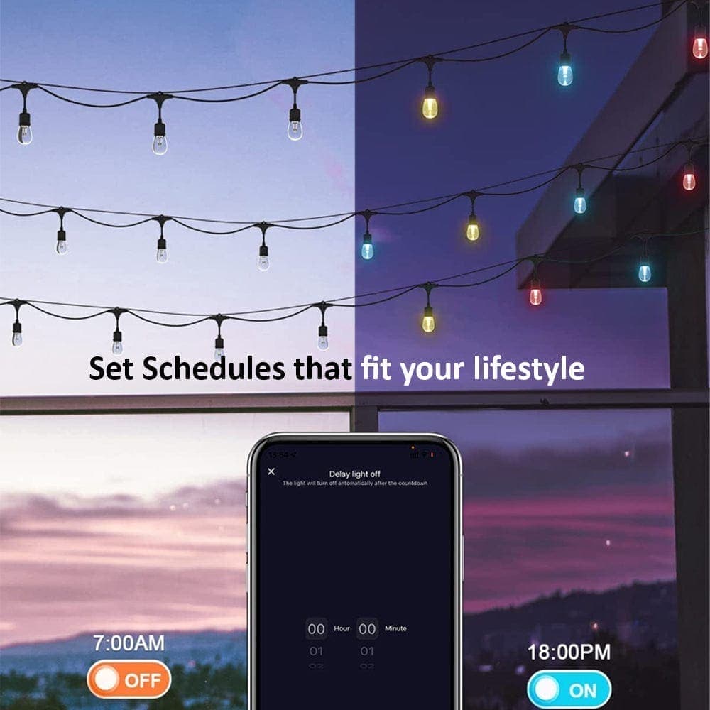 String lights with smartphone app interface for scheduling, transitioning from day to night.