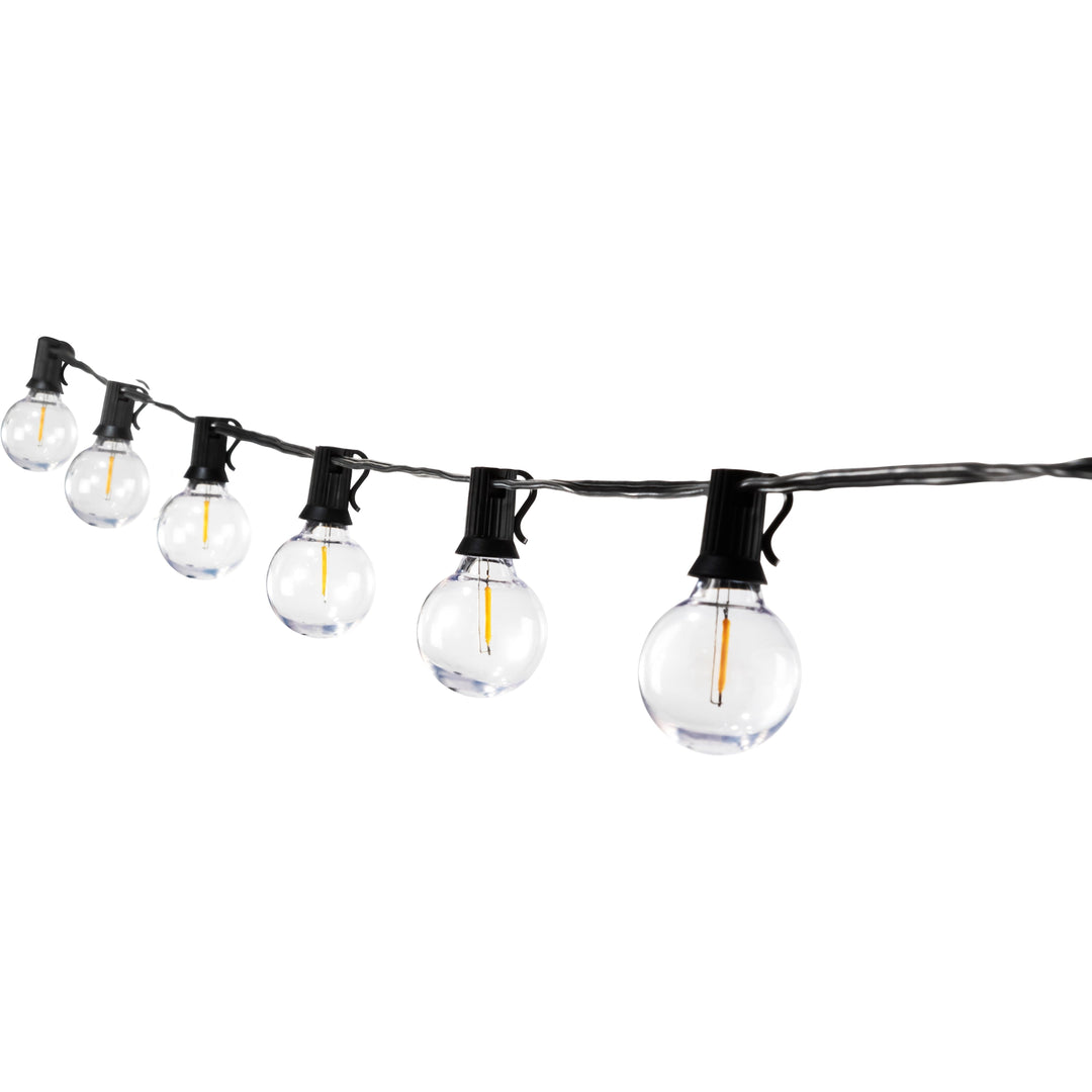 String of clear outdoor lights with black holders on a white background