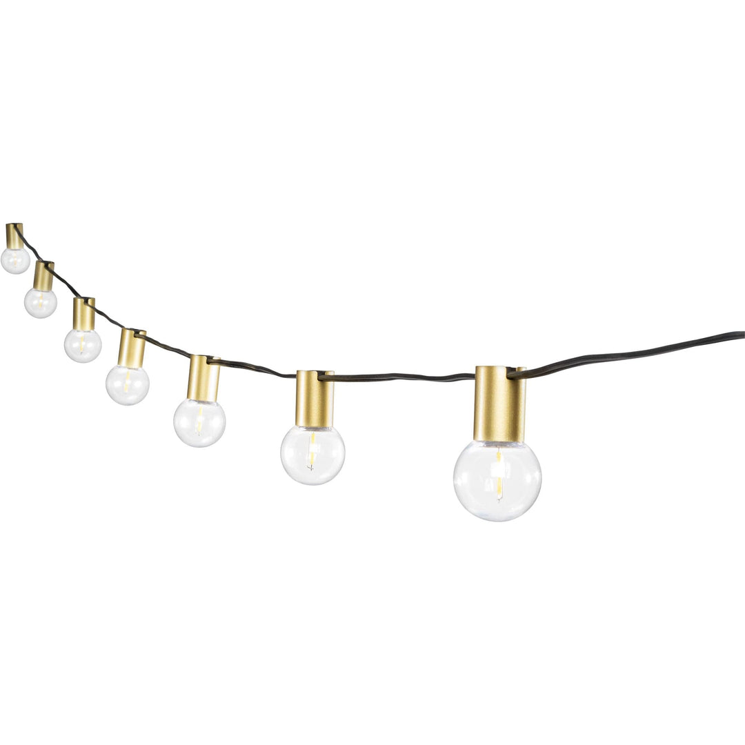 String of outdoor lights with gold sockets on a white background