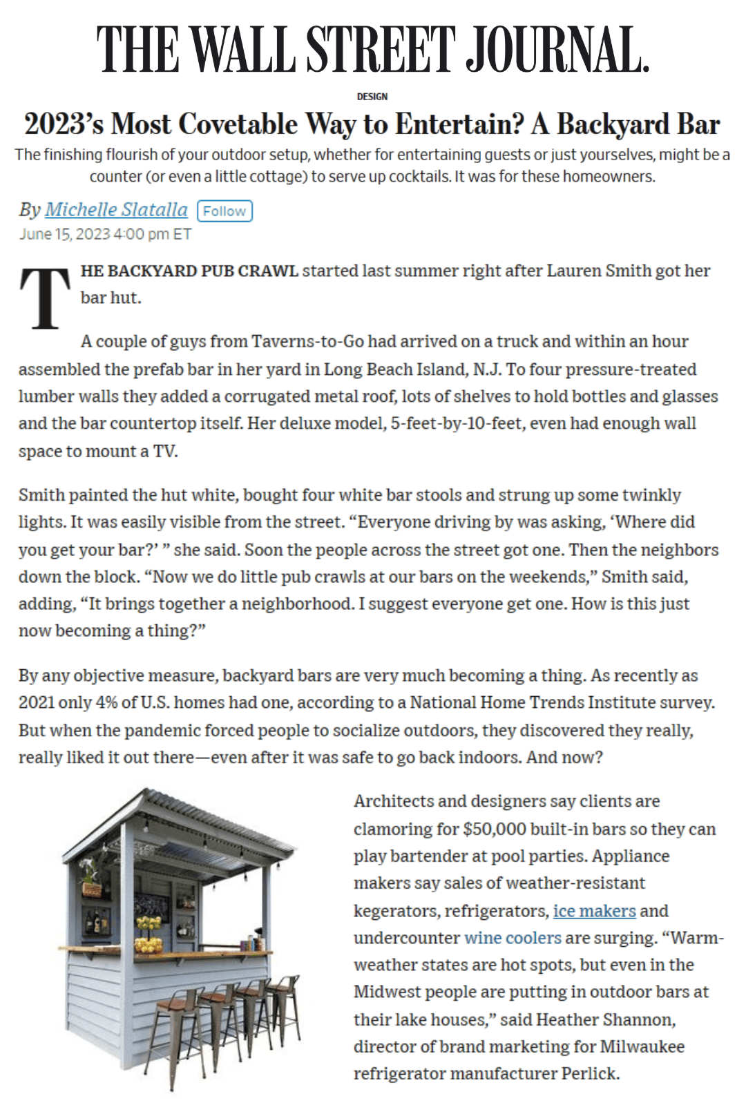 screenshot of the wall street journal featuring Taverns To Go