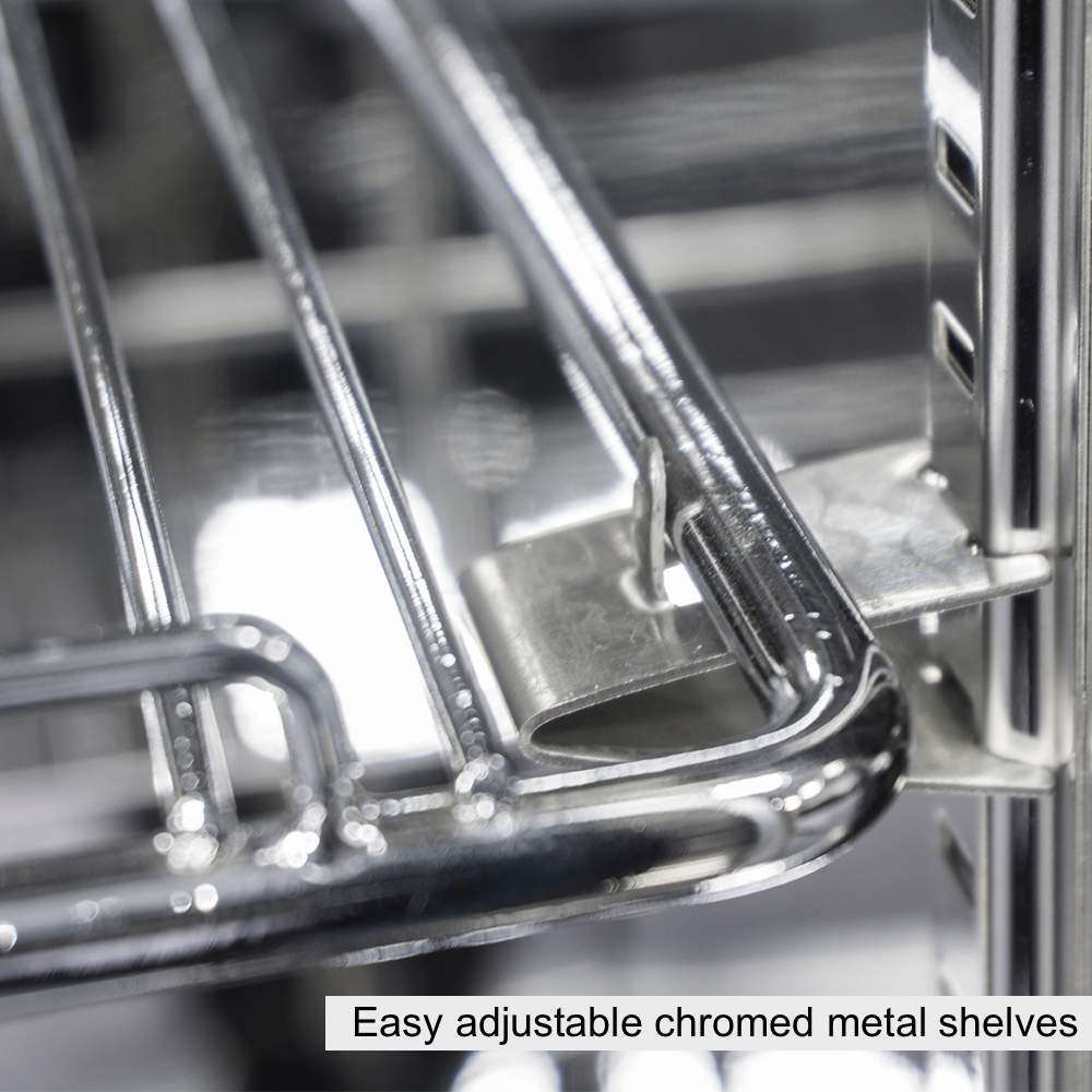 Close-up of a chrome metal shelf with text &