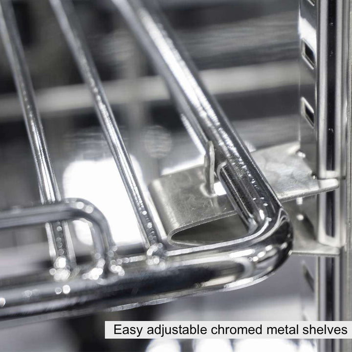 Close-up of a chrome metal shelf with text &