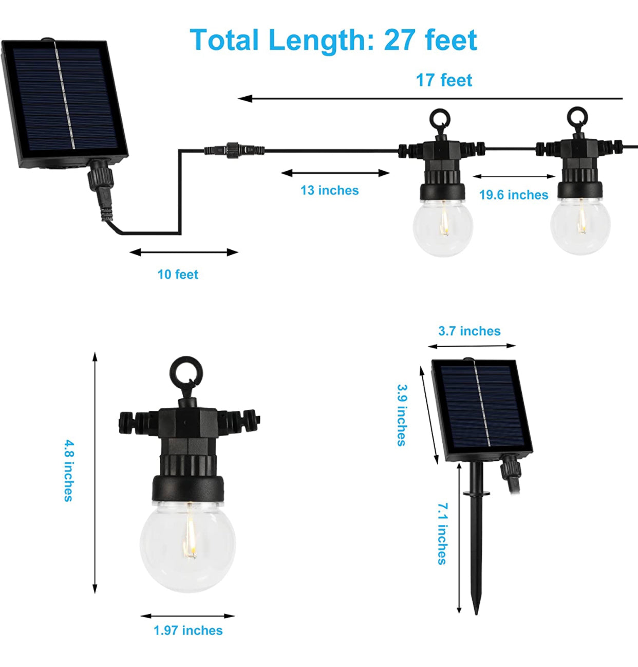 27 Ft Solar LED Outdoor String Lights – 1W Retro Edison Globe Bulbs Waterproof