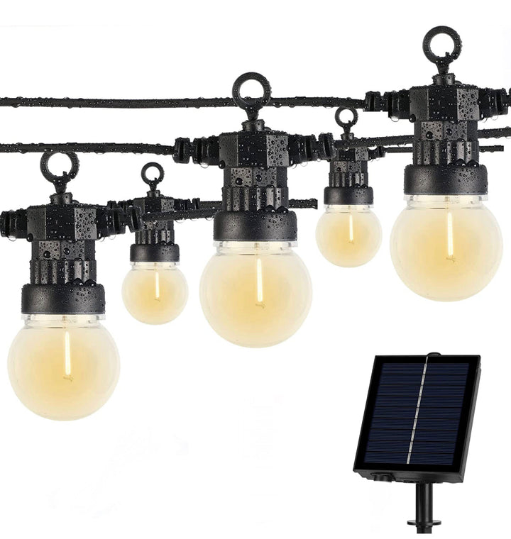 Outdoor solar LED string lights with retro Edison globe bulbs, including a solar panel.