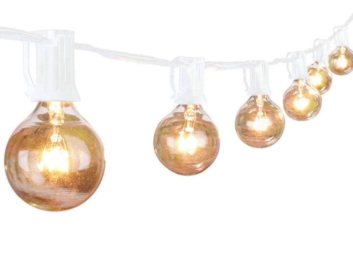 A string of round G40 Edison glass bulbs with a warm white glow, mounted on a black cord.