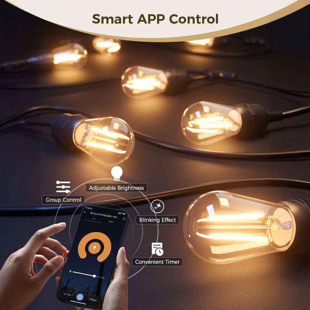 String lights with smart app control features displayed on a dark background