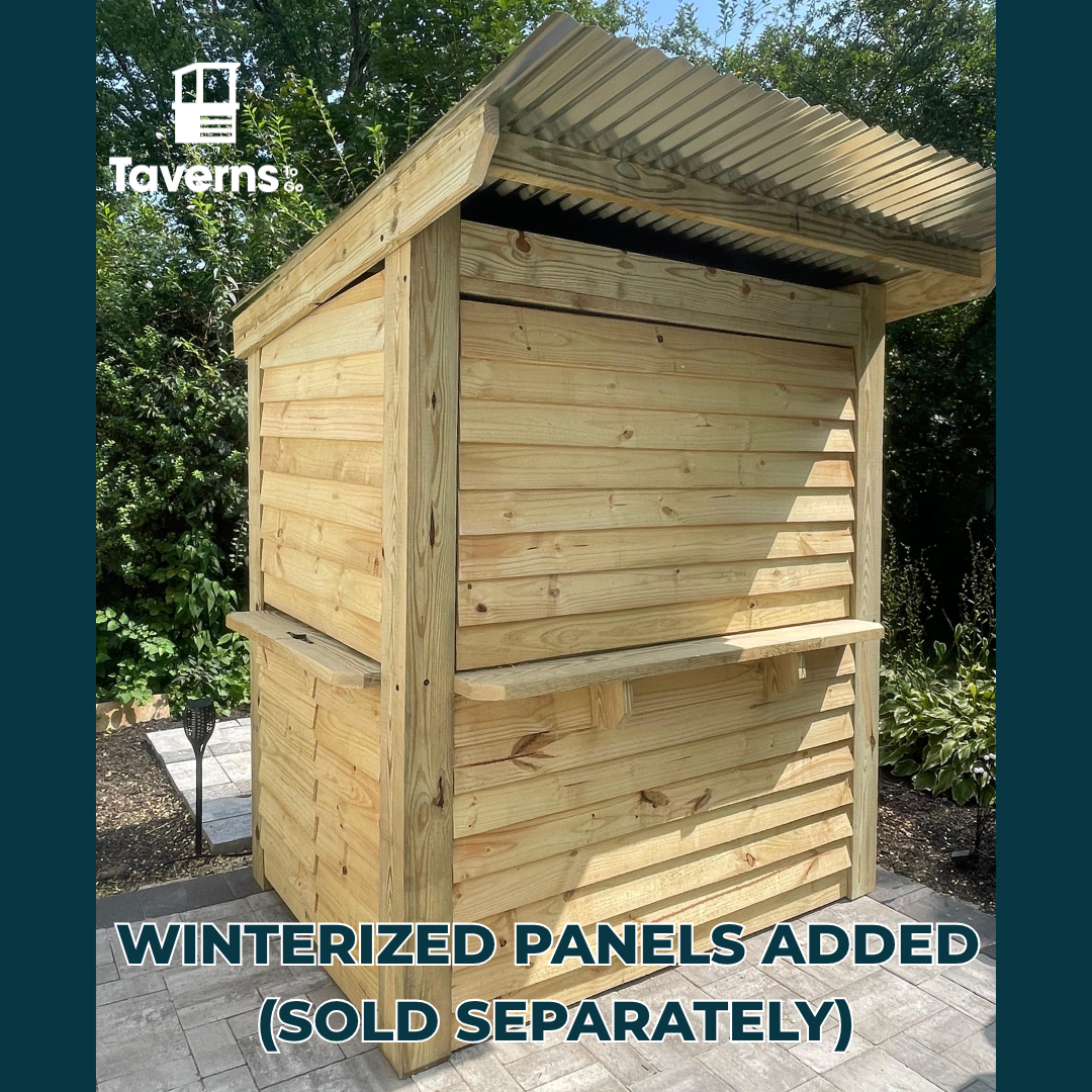 Wooden shed with winterized panels added, outdoors with trees in the background